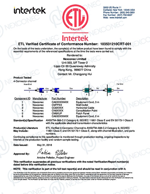 Cat6 U/UTP ETL Verified 4-Connector Channel